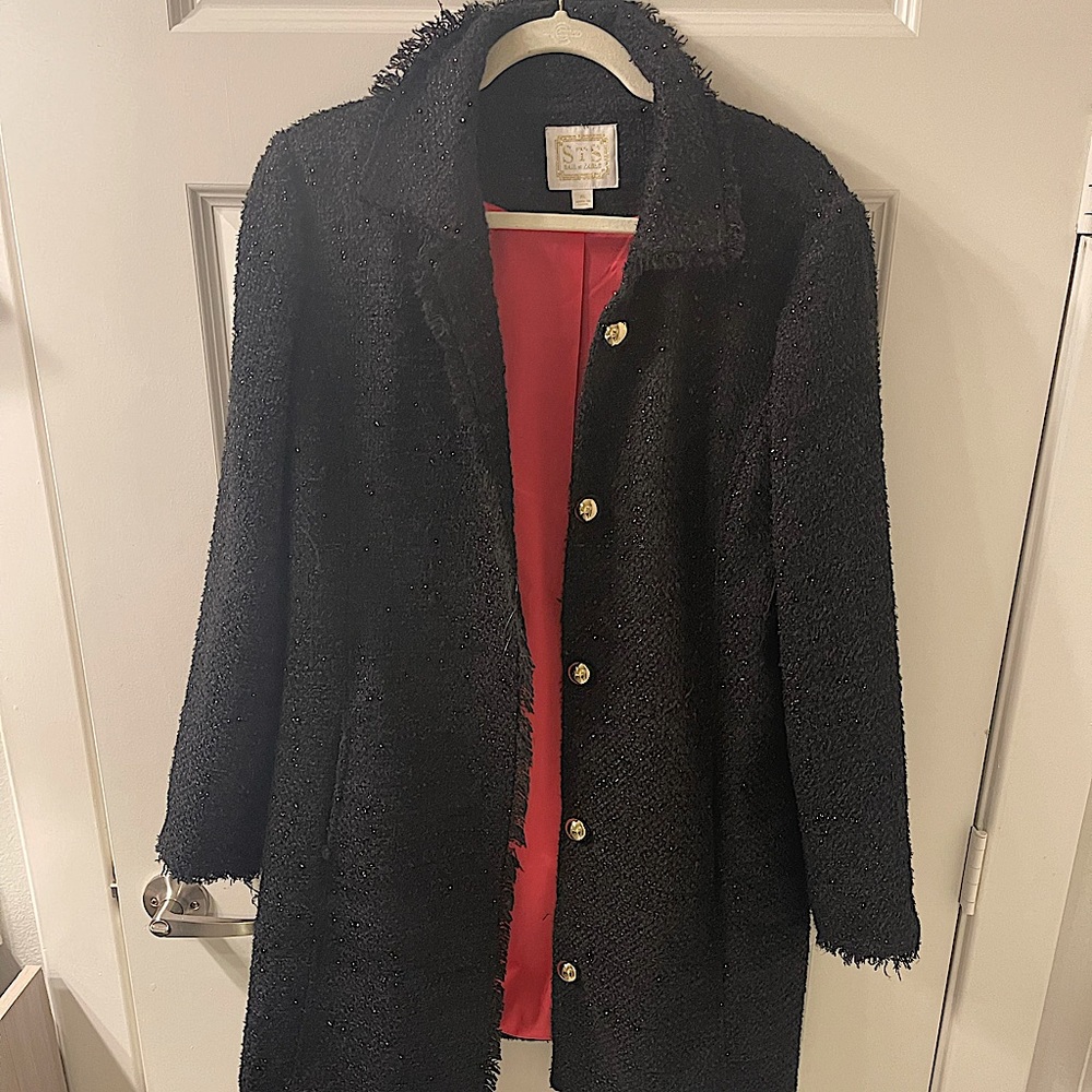 Sail to Sable Black Bouclé Trenchi Coat with Red Lining